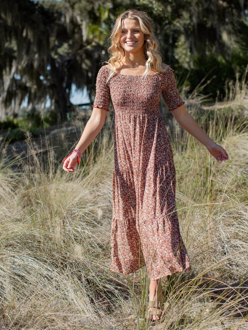 NATURAL LIFE Burgundy Cream Floral Smocked Maxi Dress, L/XL